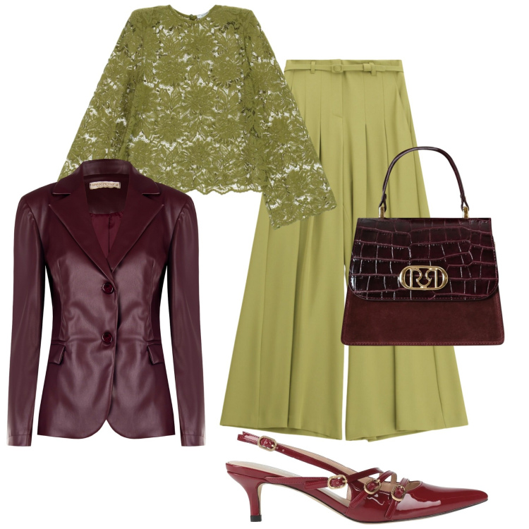 Outfit donna - Nuovi abbinamenti. Stile Glamour per Cerimonia. Abbinamento con décolleté, pantaloni a palazzo, borse a mano, blazer, maglieria.