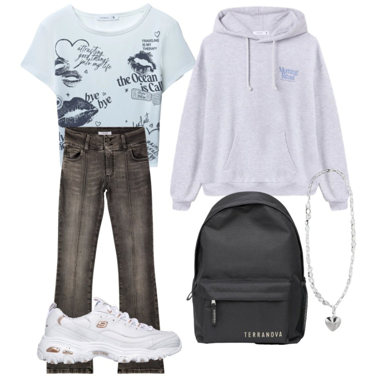 Outfit donna - Aoutfit per scuola🫶🏻🤍. per Tutti i giorni. Abbinamento con jeans, zaini, t-shirt, felpe con cappuccio, collane, sneakers.
