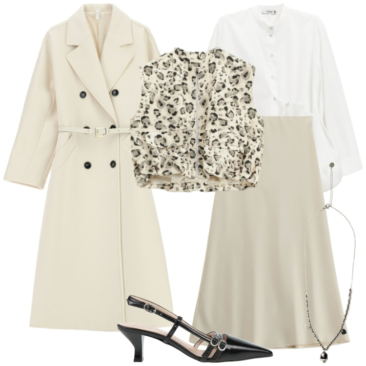 Outfit donna - Gioco sui toni neutri. Stile Glamour per Cerimonia. Abbinamento con décolleté, camicie, cappotti, gilet, gonne lunghe, ciondoli.