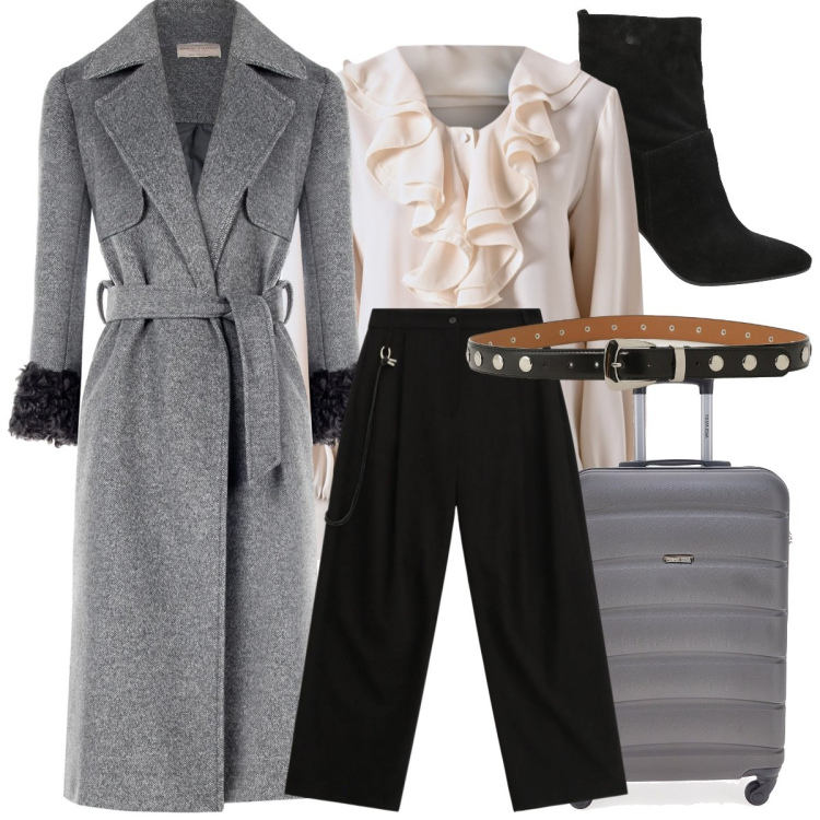 Outfit donna - Total look #2323576. Stile Casual chic per Ufficio. Abbinamento con stivaletti, pantaloni a palazzo, cinture, cappotti, bluse, valigie.