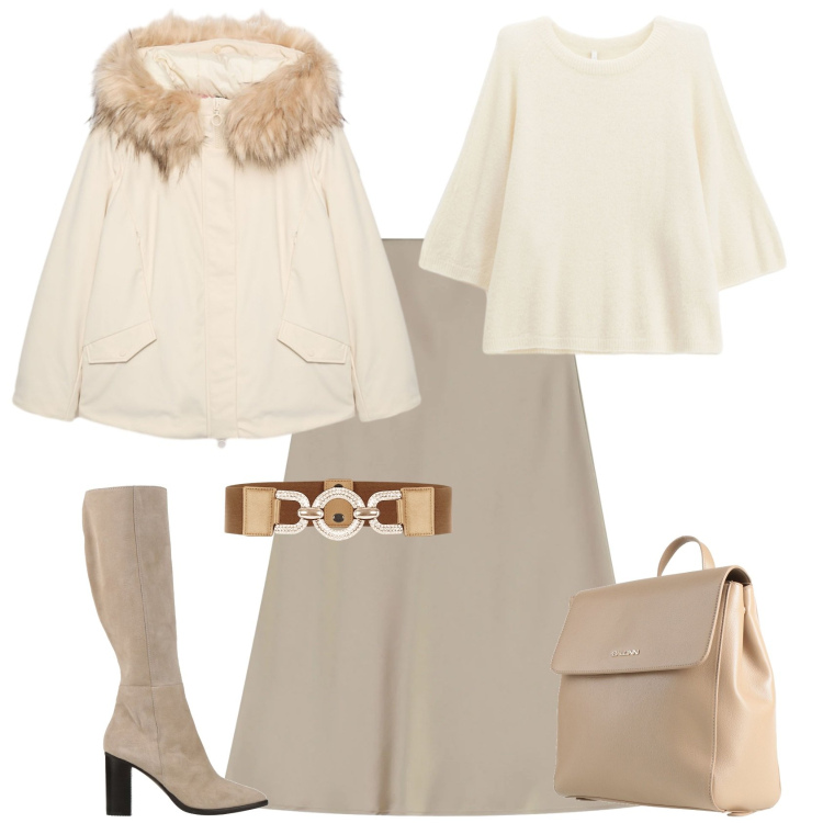 Outfit donna - Casual chic in ufficio. Stile Casual chic per Ufficio. Abbinamento con stivali, zaini, maglieria, gonne longuette, cinture, piumini.