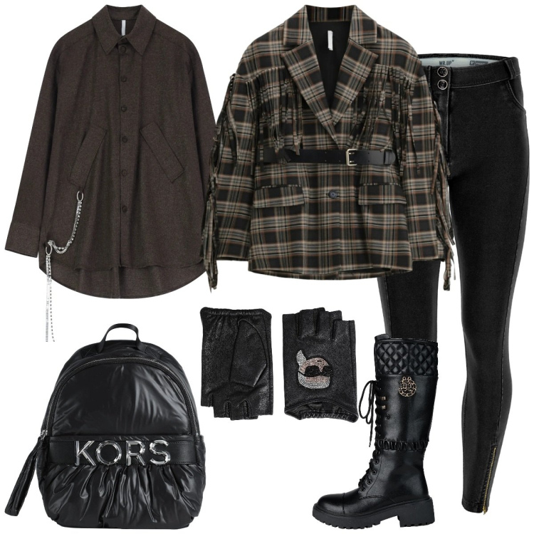 Outfit donna - Dark layering. Stile Rock per Tutti i giorni. Abbinamento con zaini, guanti, stivali, blazer, camicie, jeggings.