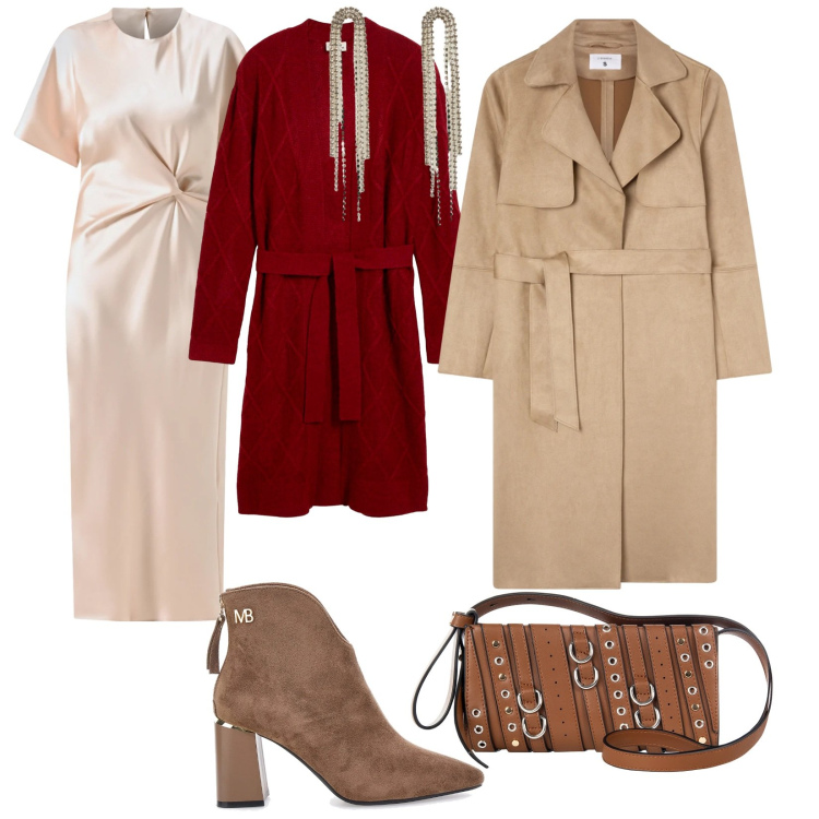 Outfit donna - Serata fredda. per Serata fuori. Abbinamento con cardigans, orecchini, trench, vestiti midi/longuette, borse a spalla, stivaletti.