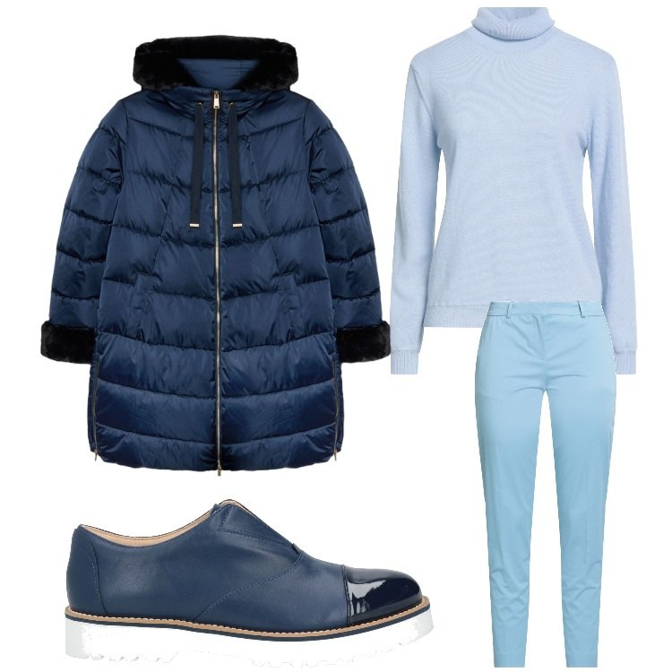 Outfit donna - Blu nordico. Stile Casual per Tutti i giorni. Abbinamento con mocassini, maglieria, pantaloni, piumini.