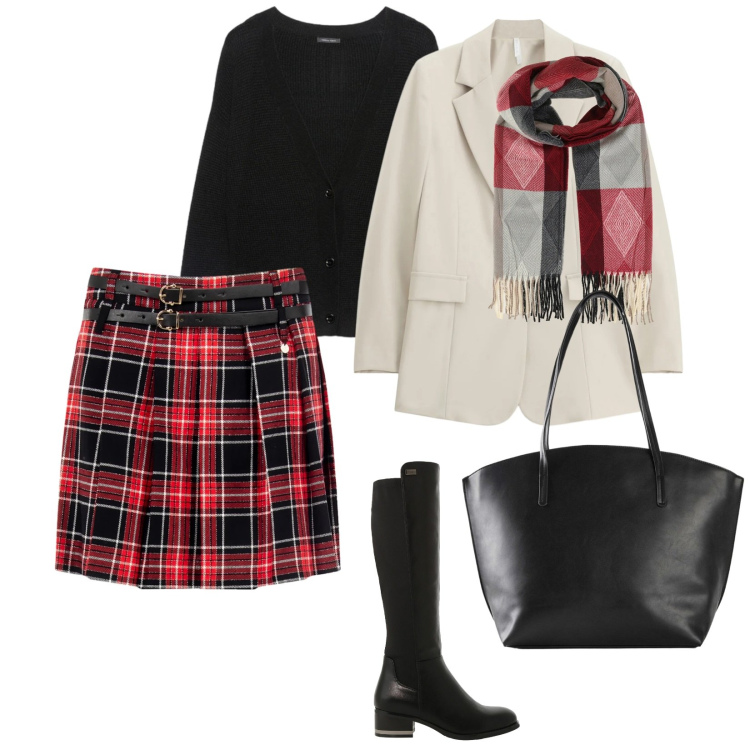 Outfit donna - Al bar. per Tutti i giorni. Abbinamento con shopping bag, sciarpe, blazer, stivali sopra il ginocchio, minigonne, cardigans.