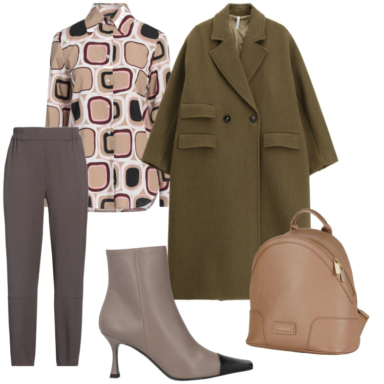 Outfit donna - A lavoro. per Ufficio. Abbinamento con pantaloni, zaini, camicie, stivaletti, cappotti.