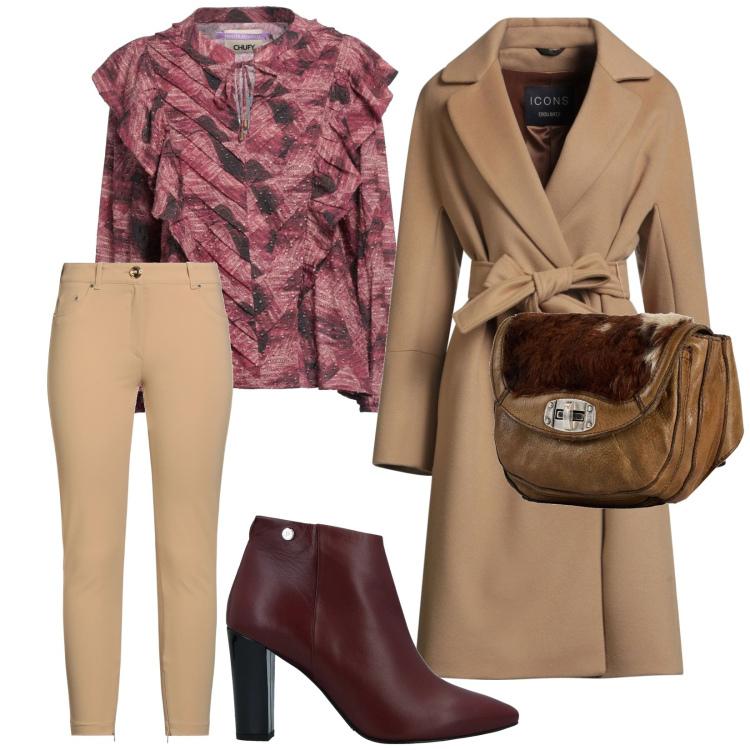 Outfit donna - In riunione. per Ufficio. Abbinamento con marsupi, pantaloni skinny, cappotti, top, stivaletti.