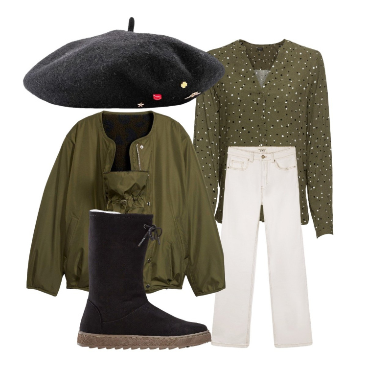 Outfit donna - Ultime tendenze. Stile Trendy per Serata fuori. Abbinamento con cappelli e berretti, camicie, stivali, bomber, jeans bootcut.