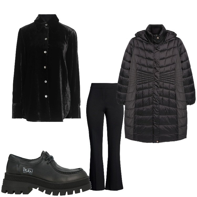 Outfit donna - Black velvet. Stile Casual per Tutti i giorni. Abbinamento con scarpe stringate, camicie, pantaloni, piumini.