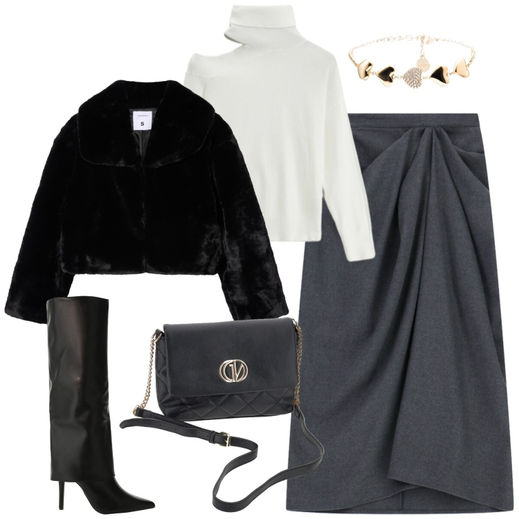 Outfit donna - Total look #2323631. Stile Urban per Tutti i giorni. Abbinamento con ecopellicce, gonne longuette, stivali, maglieria, braccialetti, borse a mano.