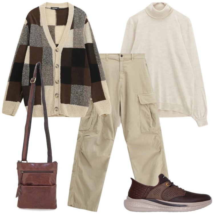 Outfit uomo - Mood nordico. Stile Casual per Tutti i giorni. Abbinamento con maglieria, pantaloni cargo, cardigans, portafogli, sneakers.