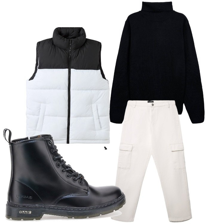 Outfit uomo - Due colori. Stile Casual per Tutti i giorni. Abbinamento con piumini, maglieria, pantaloni cargo, anfibi.