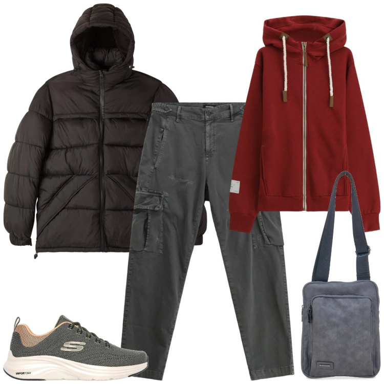 Outfit uomo - Pioggia a Milano. Stile Urban per Tutti i giorni. Abbinamento con bomber, pantaloni cargo, felpe con cappuccio, portafogli, sneakers.