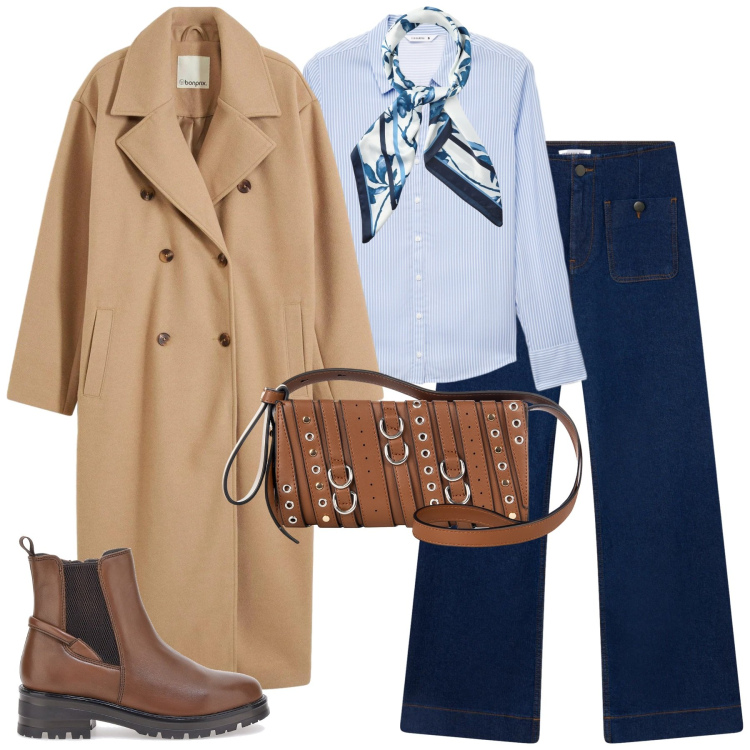 Outfit donna - City. Stile Urban per Tutti i giorni. Abbinamento con cappotti, jeans, foulard, camicie, borse a spalla, stivaletti chelsea.