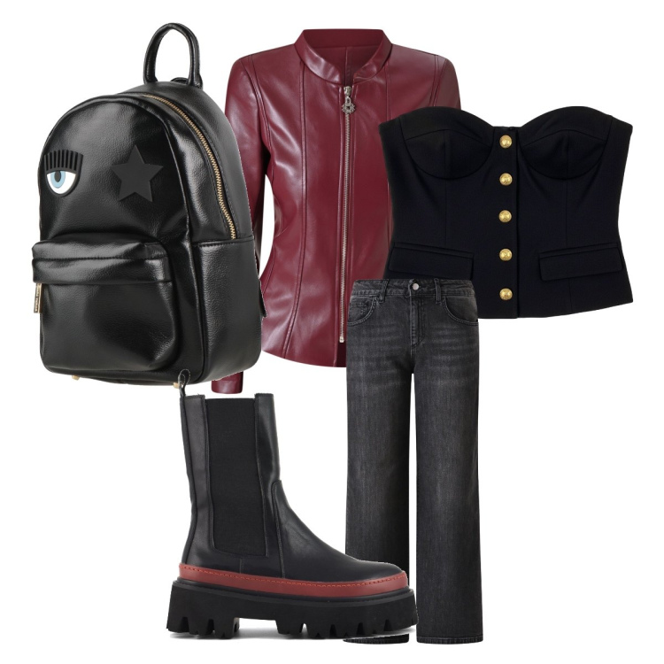 Outfit donna - Rock evergreen. Stile Rock per Serata fuori. Abbinamento con zaini, blazer, top, jeans dritti, stivaletti chelsea.