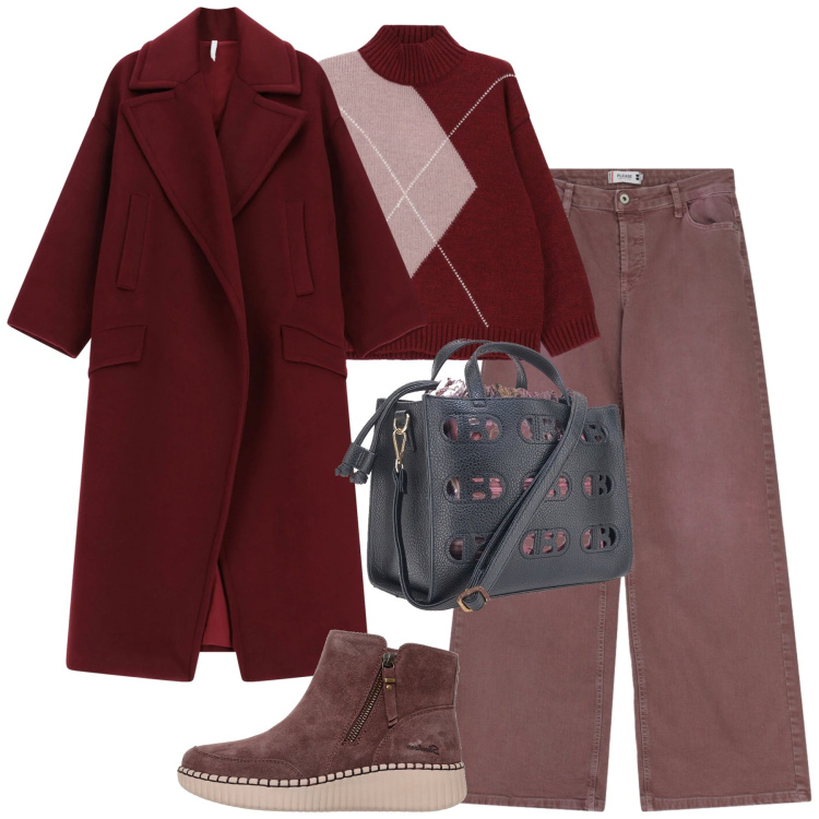 Outfit donna - Total look #2323644. Stile Casual chic per Tutti i giorni. Abbinamento con pantaloni a palazzo, cappotti, maglieria, borse a mano, stivaletti.