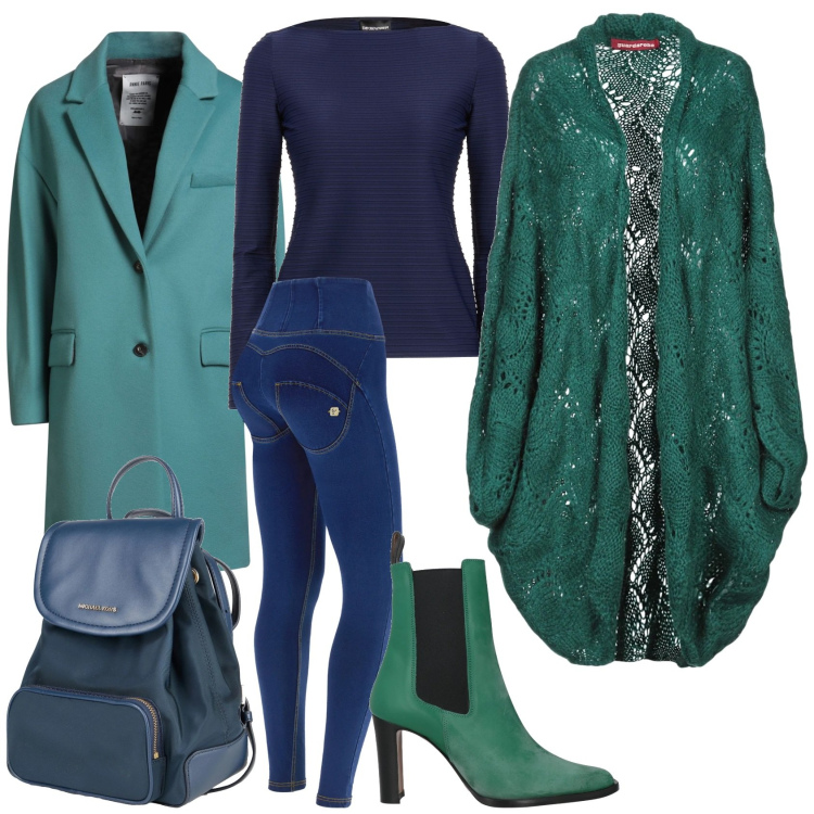 Outfit donna - Total look #2323649. Stile Casual chic per Ufficio. Abbinamento con cardigans, stivaletti chelsea, cappotti, zaini, top, jeggings.