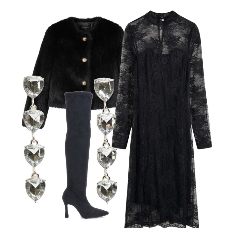 Outfit donna - Eleganza e classe in ogni momento. Stile Chic per Serata fuori. Abbinamento con vestiti, orecchini, ecopellicce, stivali.