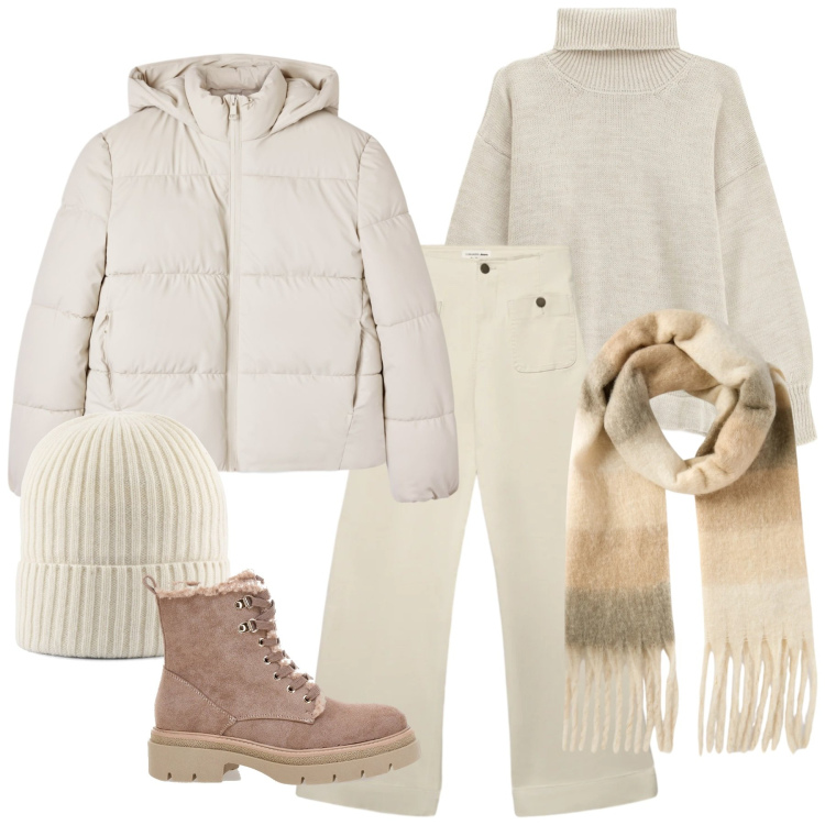 Outfit donna - Atmosfera nordica. Stile Sporty chic per Tutti i giorni. Abbinamento con sciarpe, bomber, jeans, maglieria, anfibi, berretti.