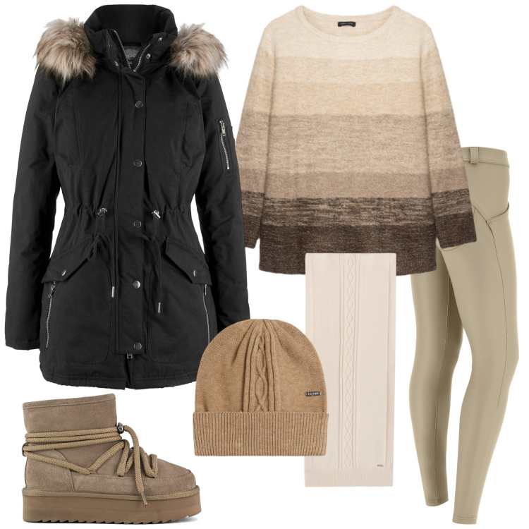 Outfit donna - Atmosfera nordica. Stile Sporty chic per Tutti i giorni. Abbinamento con parka, pantaloni skinny, berretti, sciarpe, stivaletti, maglieria.
