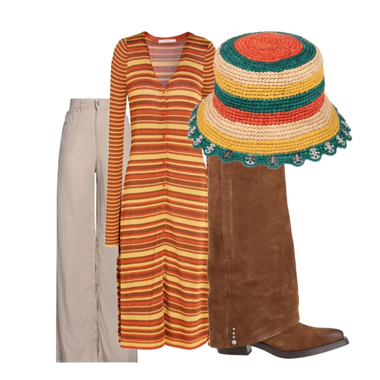 Outfit donna - Boho colorato in inverno. Stile Boho per Tutti i giorni. Abbinamento con cardigans, cappelli, jeans, stivali.