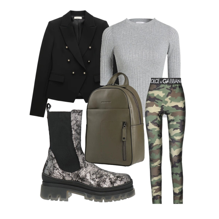 Outfit donna - Pantalone verde militare. Stile Military per Serata fuori. Abbinamento con pullovers, zaini, stivaletti chelsea, leggings, blazer.