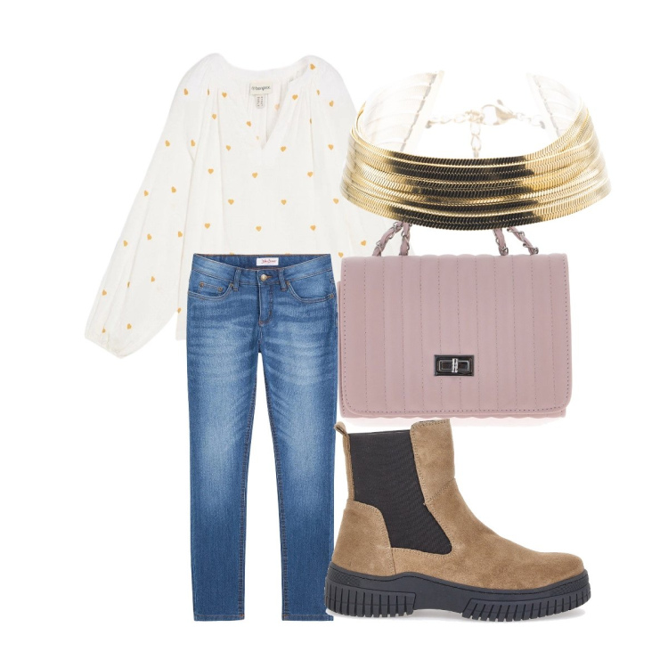 Outfit donna - Comoda e elegante. Stile Casual chic per Tutti i giorni. Abbinamento con bluse, jeans skinny, braccialetti, borse a tracolla, stivaletti chelsea.