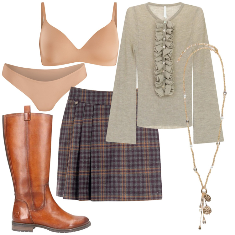 Outfit donna - Total look #2323683. Stile Trendy per Ufficio. Abbinamento con maglieria, reggiseni a balconcino, minigonne, culotte, stivali, ciondoli.