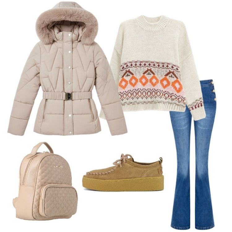 Outfit donna - Fresca passeggiata. Stile Trendy per Tutti i giorni. Abbinamento con zaini, maglieria, piumini, jeans a zampa, mocassini.