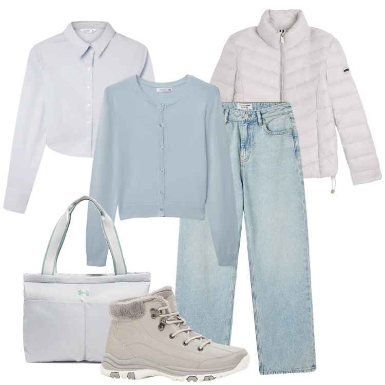 Outfit donna - Layering all’università. Stile Casual per Scuola/Università. Abbinamento con stivaletti, jeans, cardigans, camicie, piumini, borse a spalla.