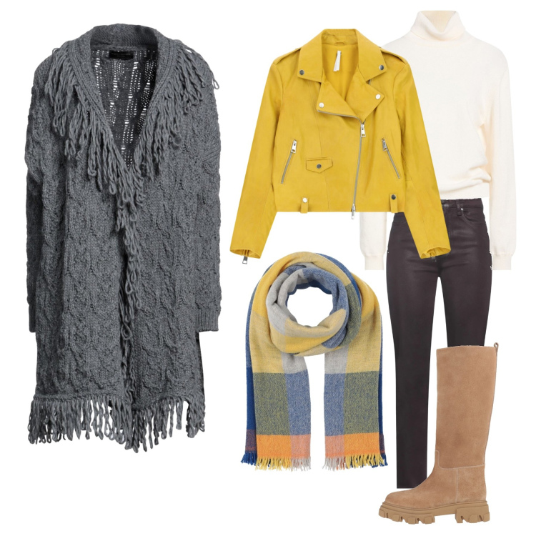 Outfit donna - Calore e Texture Urbana. Stile Urban per Tutti i giorni. Abbinamento con jeans, cardigans, sciarpe, maglieria, stivali, giacche.