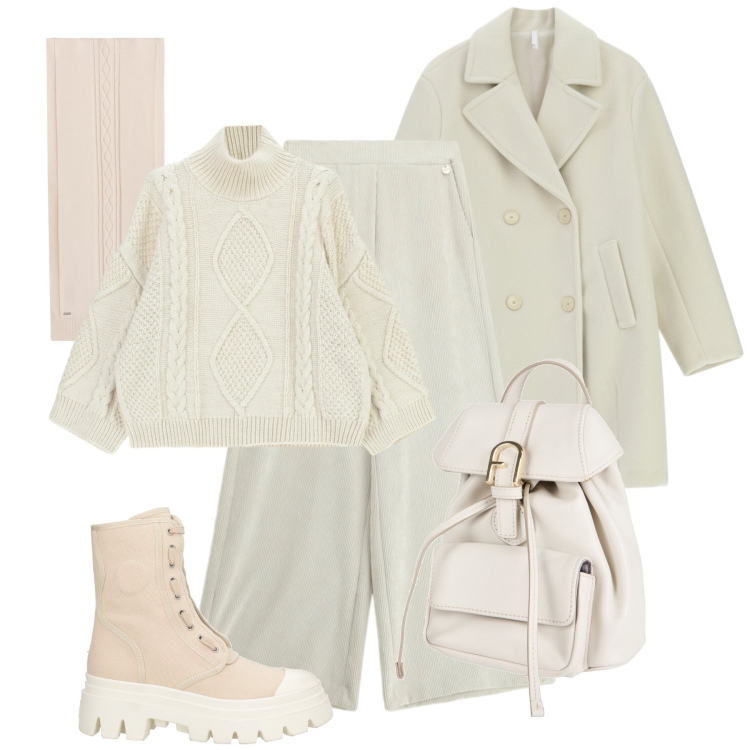 Outfit donna - Total look mood nordico. Stile Casual chic per Tutti i giorni. Abbinamento con stivaletti, zaini, cappotti, pantaloni a palazzo, maglieria, sciarpe.