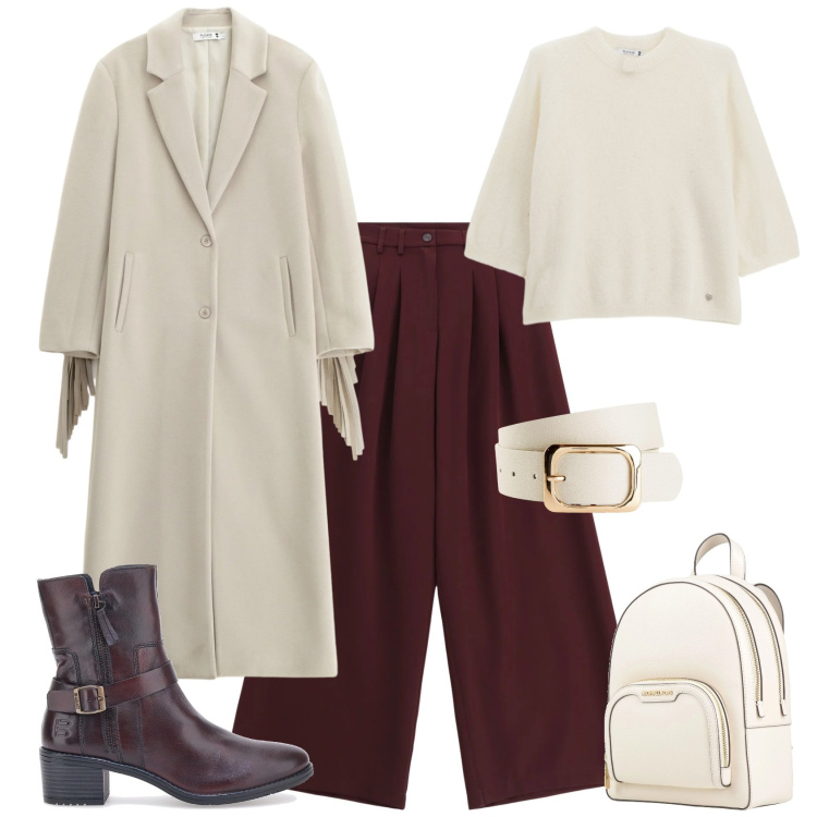 Outfit donna - Casual chic ogni giorno. Stile Casual chic per Ufficio. Abbinamento con cinture, zaini, pantaloni, pullovers, cappotti, stivaletti texani.