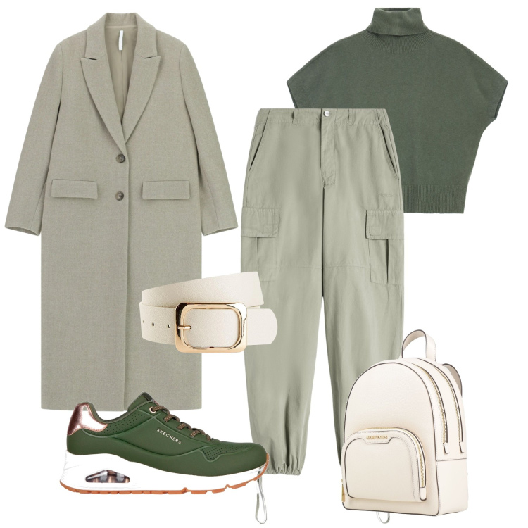 Outfit donna - Casha e verde. Stile Urban per Tutti i giorni. Abbinamento con cinture, zaini, cappotti, maglieria, pantaloni cargo, sneakers.