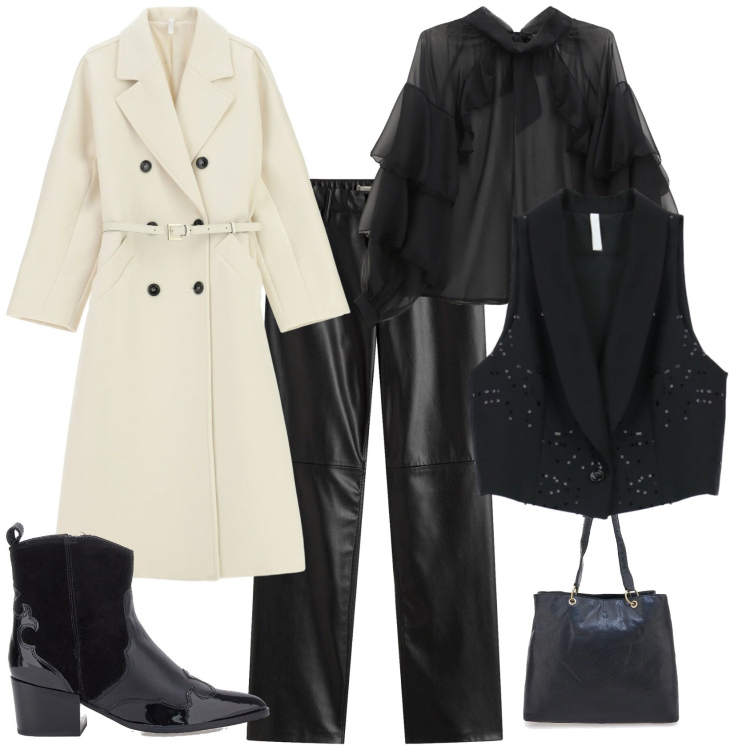 Outfit donna - Chic rock serata evento. Stile Chic per Serata fuori. Abbinamento con pantaloni, bluse, cappotti, gilet, stivaletti texani, shopping bag.