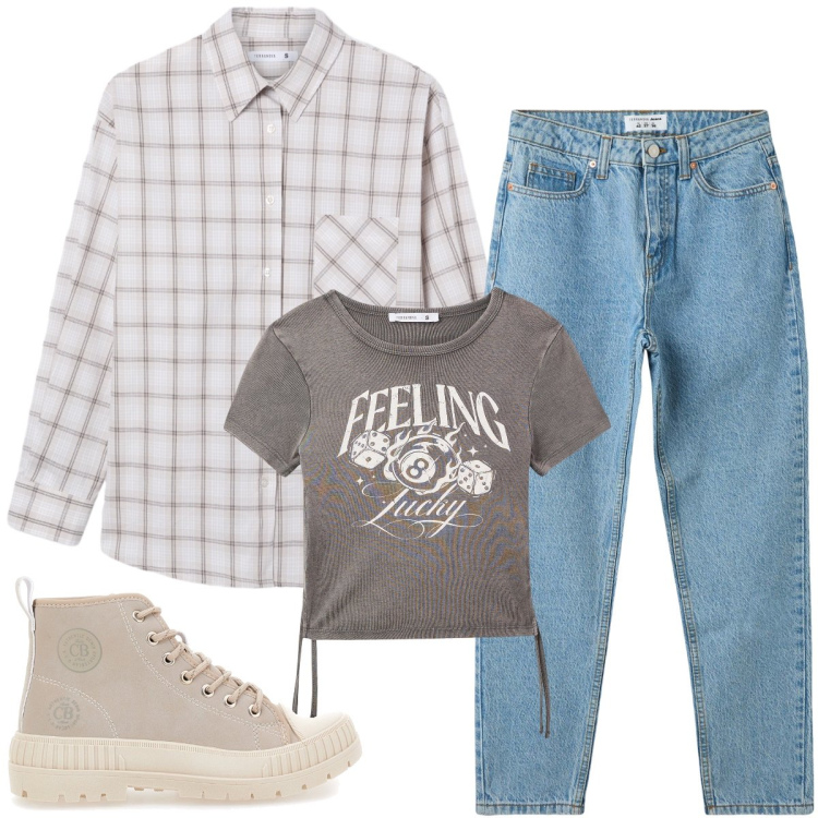 Outfit donna - comfort zone. Stile Casual per Scuola/Università. Abbinamento con camicie, jeans mom, t-shirt, sneakers alte.