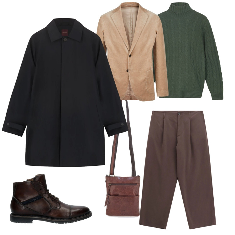 Outfit uomo - City Rain: Velluto e Toni Bosco. Stile Urban per Tutti i giorni. Abbinamento con pantaloni, portafogli, giacche, anfibi, parka, maglieria.