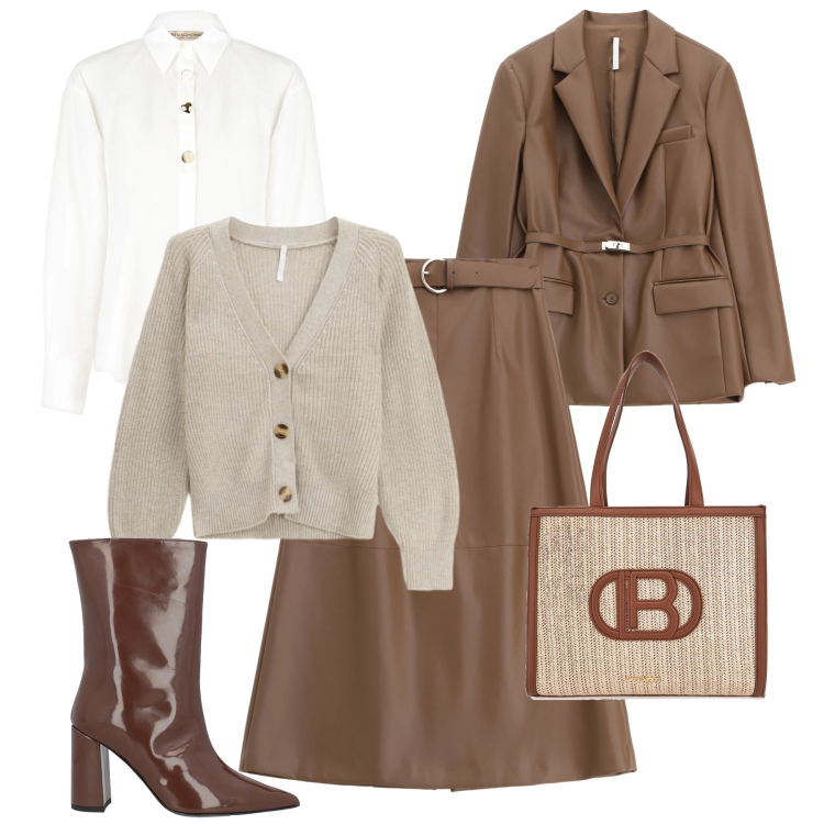 Outfit donna - Layering al lavoro. Stile Glamour per Ufficio. Abbinamento con stivaletti, blazer, cardigans, gonne lunghe, camicie, borse a spalla.