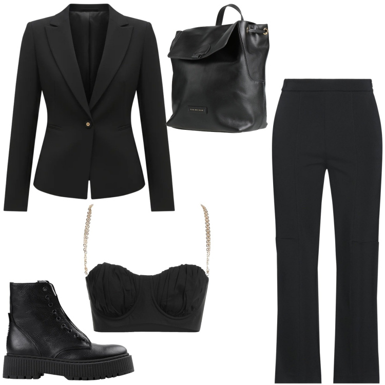 Outfit donna - Tailleur e scarponcini contrasto stiliso. Stile Trendy per Tutti i giorni. Abbinamento con stivaletti, zaini, pantaloni, top, blazer.