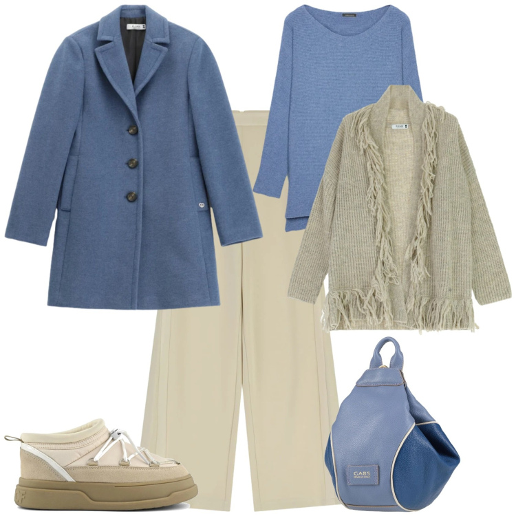 Outfit donna - Trendy ogni giorno. Stile Trendy per Tutti i giorni. Abbinamento con zaini, cappotti, cardigans, pantaloni a palazzo, maglieria, stivaletti.