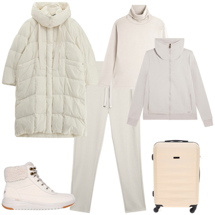 Outfit donna - Sporty chic in viaggio. Stile Sporty chic per Tutti i giorni. Abbinamento con piumini, pantaloni, felpe, felpe, anfibi, valigie.