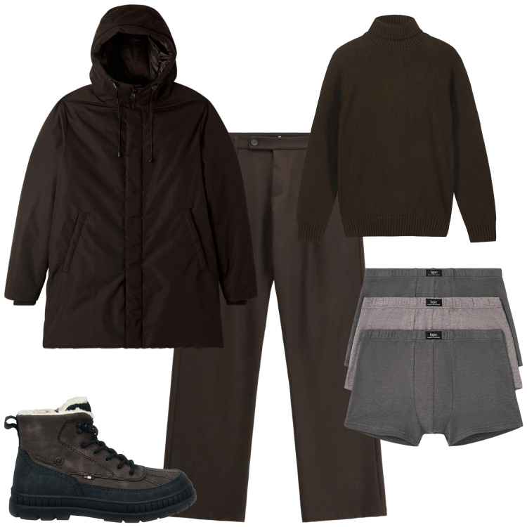 Outfit uomo - Trendy ogni giorno. Stile Trendy per Tutti i giorni. Abbinamento con boxer, parka, pantaloni, pullovers, anfibi.
