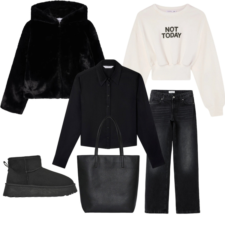 Outfit donna - Saldi Terranova in black. Stile Rock per Tutti i giorni. Abbinamento con ecopellicce, felpe, jeans, borse tote, stivaletti, camicie.