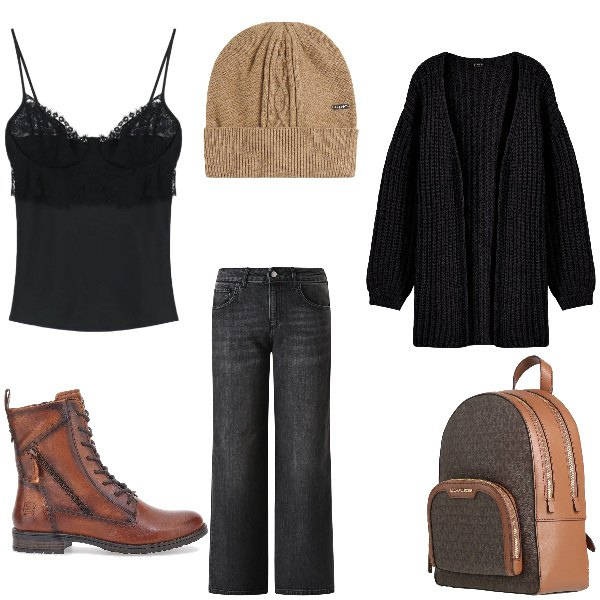 Outfit donna - Dark brown. Stile Basic per Tutti i giorni. Abbinamento con berretti, canottiere, jeans dritti, zaini, anfibi, cardigans.