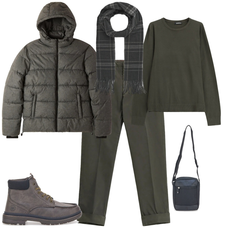 Outfit uomo - Casual ogni giorno. Stile Casual per Tutti i giorni. Abbinamento con bomber, sciarpe, maglieria, pantaloni chino, stivali e stivaletti, borse sportive.