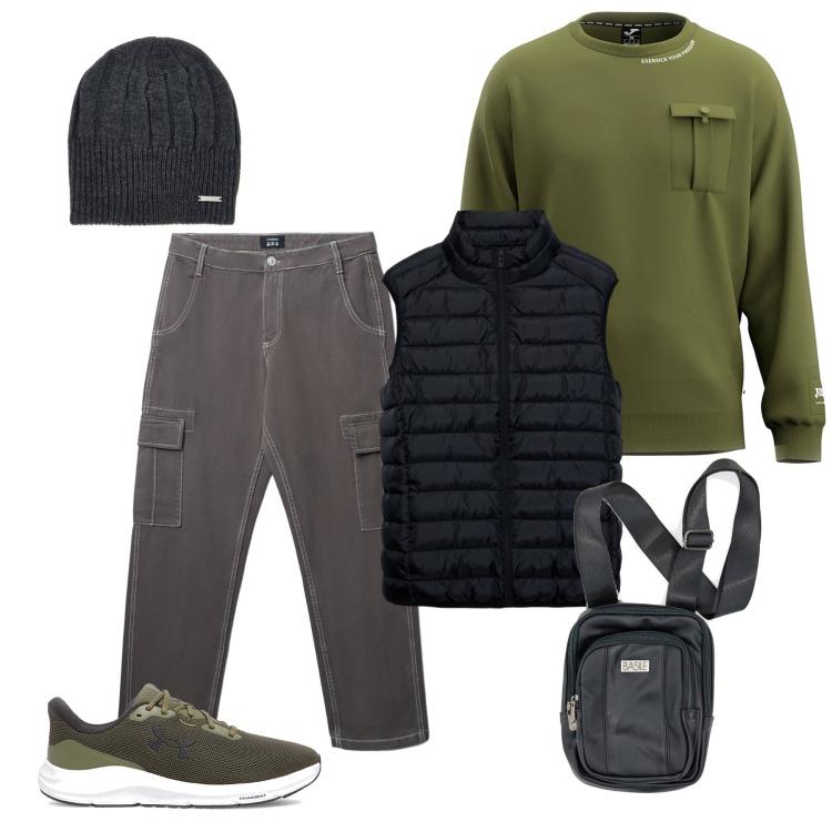 Outfit uomo - Olive Leisure. Stile Urban per Tutti i giorni. Abbinamento con pantaloni cargo, piumini, berretti, scarpe sportive, borse sportive, felpe.