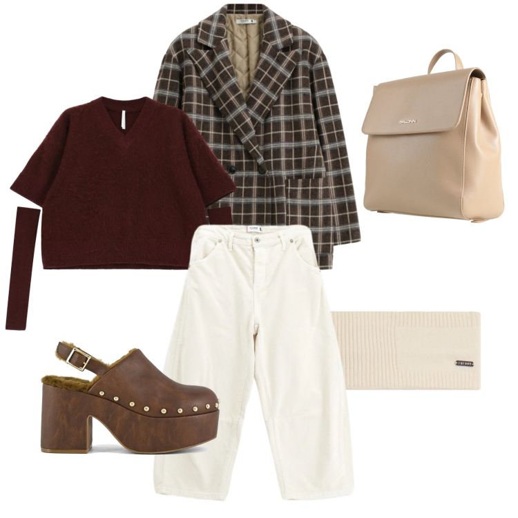 Outfit donna - Cozy & warm. Stile Trendy per Tutti i giorni. Abbinamento con zaini, blazer, pantaloni, maglieria, accessori per capelli, sabot.