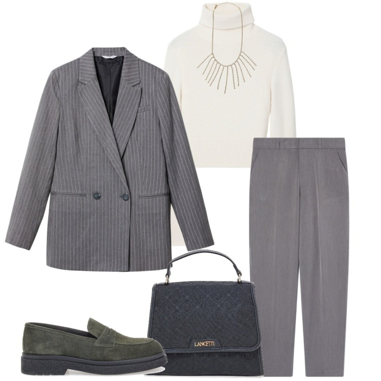 Outfit donna - Saldi Terranova. Stile Casual chic per Ufficio. Abbinamento con pantaloni chino, blazer, maglieria, collane, mocassini, borse a spalla.