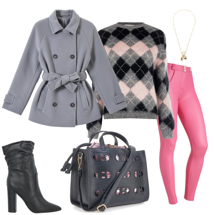 Outfit donna - Total look #2323724. Stile Casual chic per Ufficio. Abbinamento con stivaletti, pantaloni skinny, ciondoli, maglieria, caban, borse a mano.