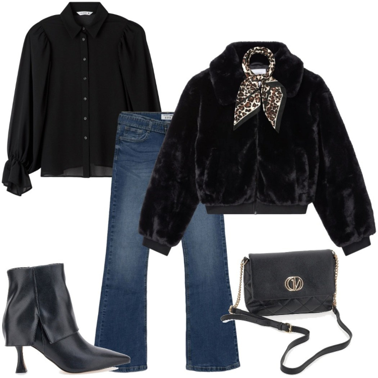 Outfit donna - Saldi Terranova. Stile Casual chic per Serata fuori. Abbinamento con camicie, jeans a zampa, ecopellicce, foulard, borse a mano, stivaletti.